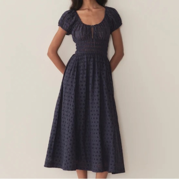 NWT Doen Quinn Cotton Short Sleeve Midi Maxi Dress Adriatic Eyelet Blue Navy